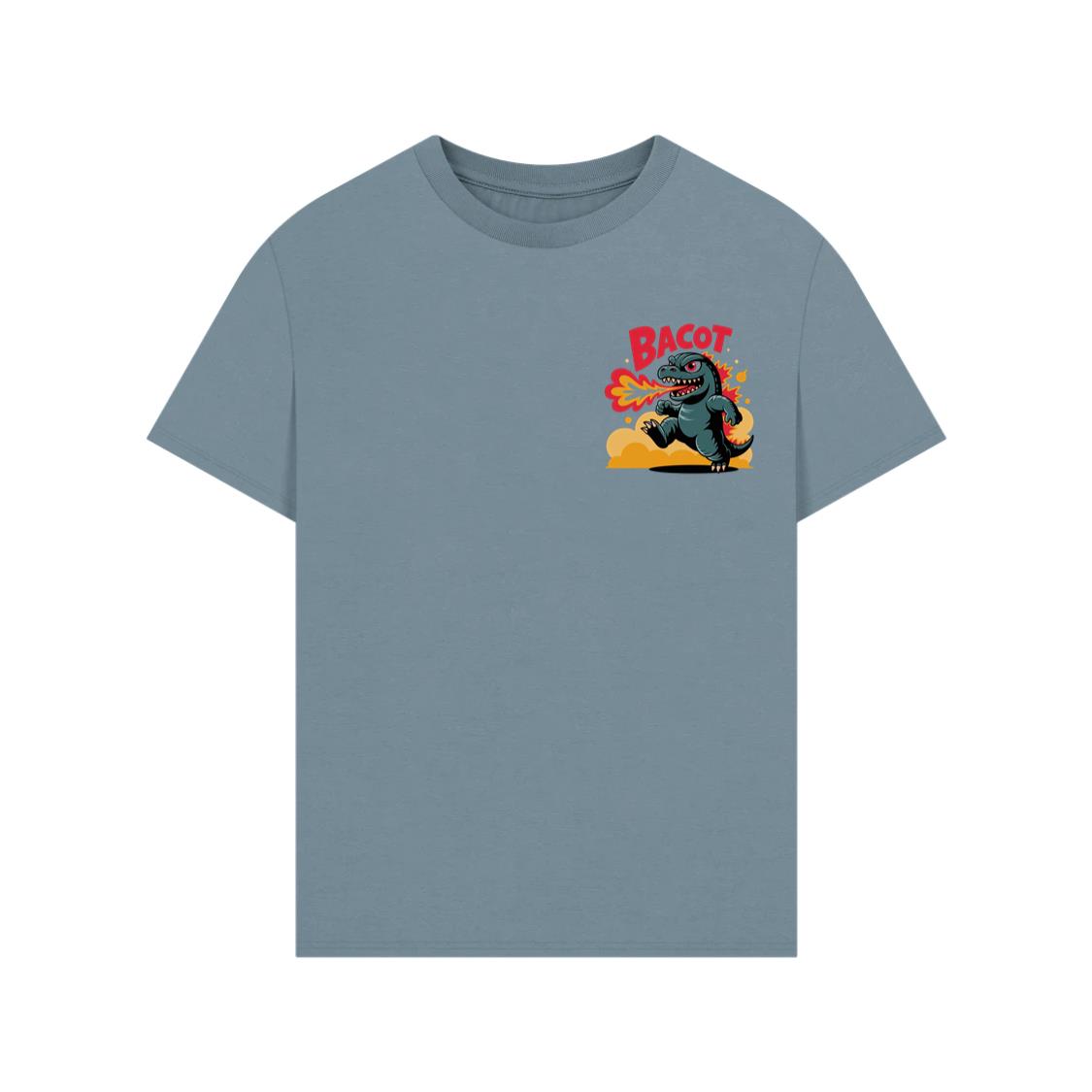 Bacot Fire Dinosaur Cartoon Illustration for Vintage Fun Vibes T-Shirt - Image 2