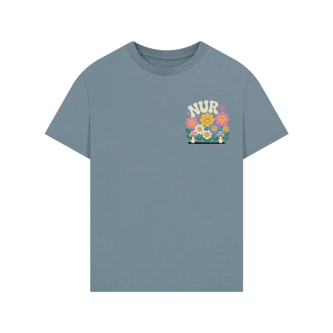 Nursery Garden Smiley Flowers Retro Graphic for a Cheerful Mood T-Shirt - Image 2